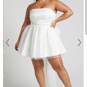 Showpo Cailene Mini Dress - Strapless Bow Train Fit and Flare Dress